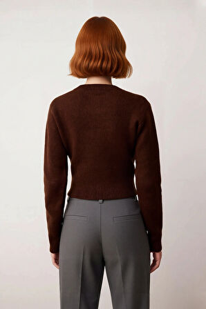 Kadınlara Özel Regular Kalıp Crop Boy Triko Bisiklet Yaka Fermuar Detaylı Düz Kalın Kazak Kaliteli