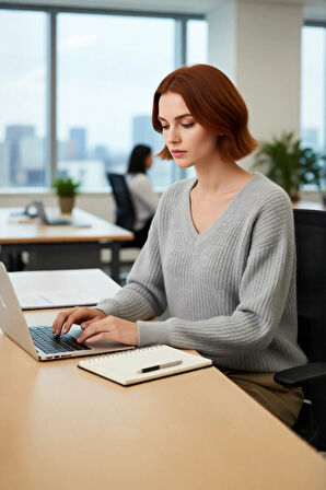 Kadın Gri Oversize V Yaka Triko Kazak Soğuk Havalarda Şıklık ve Konfor Sunan Düşük Kol Detayı