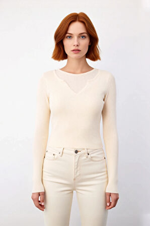 Şık Kadın Fitted Kesim Uzun Kollu Triko Kazak Renk Bloklu Basic Siluet Kış Sonbahar Kombinlerinin