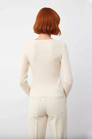 Şık Kadın Fitted Kesim Uzun Kollu Triko Kazak Renk Bloklu Basic Siluet Kış Sonbahar Kombinlerinin