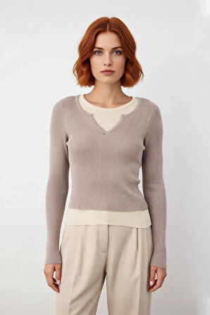 Şık Kadın Fitted Kesim Uzun Kollu Triko Kazak Renk Bloklu Basic Siluet Kış Sonbahar Kombinlerinin