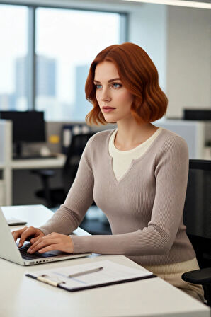 Şık Kadın Fitted Kesim Uzun Kollu Triko Kazak Renk Bloklu Basic Siluet Kış Sonbahar Kombinlerinin