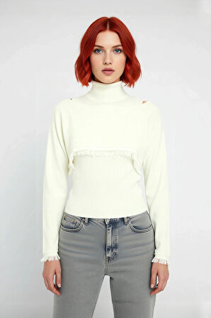 Kadın Şık Dik Yaka Düşük Kol Püsküllü Triko Kazak Crop Bluz Takımı Günlük Rahatlık ve Konfor