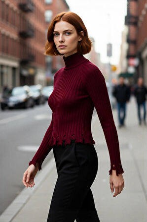 Kadınlara Özel Fitted Kesimli Crop Dik Yaka Uzun Kollu Fitilli Triko Kazak Günlük Stil İçin