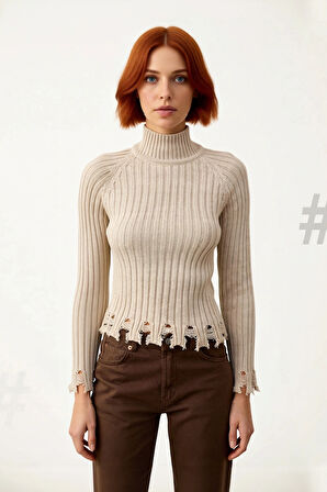 Kadınlara Özel Fitted Kesimli Crop Dik Yaka Uzun Kollu Fitilli Triko Kazak Günlük Stil İçin