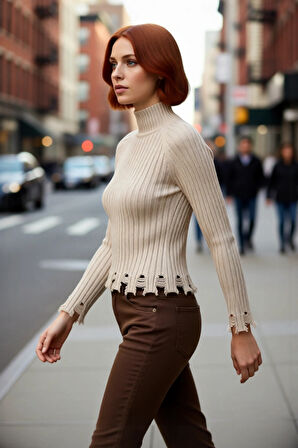 Kadınlara Özel Fitted Kesimli Crop Dik Yaka Uzun Kollu Fitilli Triko Kazak Günlük Stil İçin