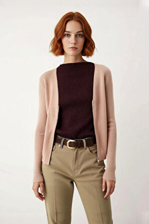 Kadın Dik Yaka Renk Bloklu Fitilli Triko Kazak Fitted Kalıp Uzun Kollu Kış Sezonu Basic Kaliteli