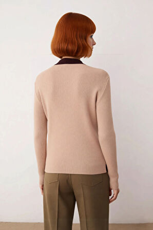 Kadın Dik Yaka Renk Bloklu Fitilli Triko Kazak Fitted Kalıp Uzun Kollu Kış Sezonu Basic Kaliteli