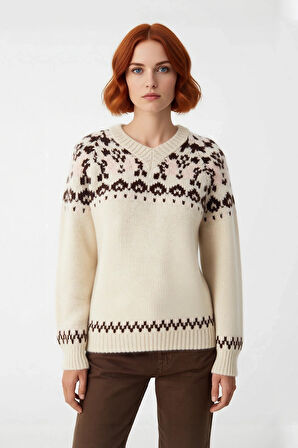 Kadın Geniş Kalıp V Yaka Etnik Desenli Reglan Kol Triko Kazak Günlük Konforlu Şık Kombinler