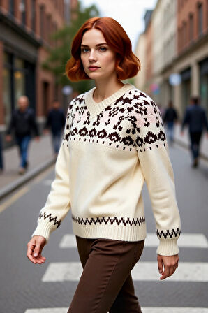 Kadın Geniş Kalıp V Yaka Etnik Desenli Reglan Kol Triko Kazak Günlük Konforlu Şık Kombinler