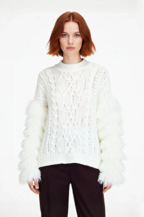 Kadın Triko Oversize Kalıp Saç Örgülü Düşük Kol Püsküllü Kazak Günlük Şıklık Sunar Kışa Özel