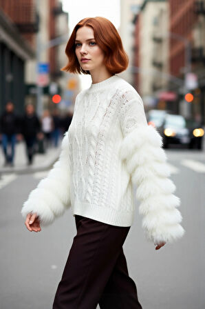 Kadın Triko Oversize Kalıp Saç Örgülü Düşük Kol Püsküllü Kazak Günlük Şıklık Sunar Kışa Özel