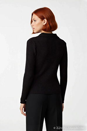 Kadın Siyah Fitilli Triko Üst Fitted Kesim Polo Yaka Bağlamalı Günlük Şık Kombinler İçin İdeal