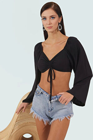 Şık Viskoz Bluz Büzgülü Detay Uzun Kollu Yazlık Plaj Tarzı Yüksek Kalite Mükemmel Uyum