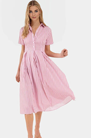 Pamuklu Polyester Dokuma Midi Elbise Çizgili Skater Kalıp Yazlık Mükemmel Uyum Premium Kalite