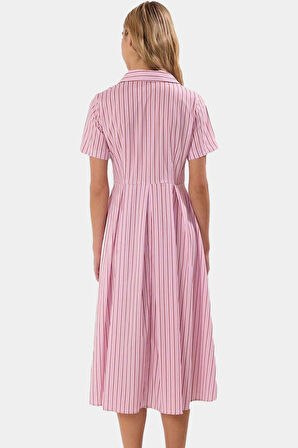 Pamuklu Polyester Dokuma Midi Elbise Çizgili Skater Kalıp Yazlık Mükemmel Uyum Premium Kalite