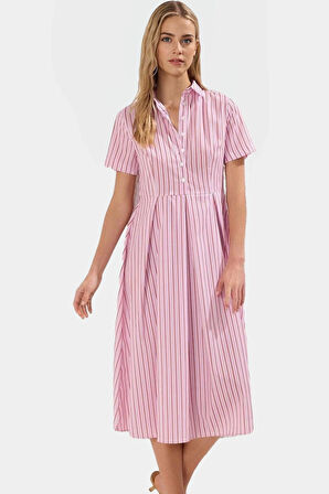 Pamuklu Polyester Dokuma Midi Elbise Çizgili Skater Kalıp Yazlık Mükemmel Uyum Premium Kalite