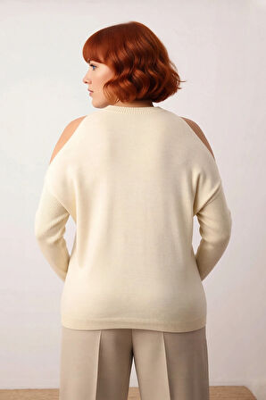 Kadın Şık Relaxed Kalıp Dik Yaka Uzun Kollu Omzu Açık Detaylı Tarz Akrilik Triko Kazak Kaliteli