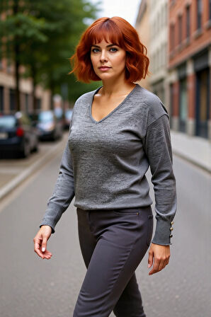 Kadın Düz Desen Regular Kalıp Triko V Yaka Kazak Uzun Kollu Ve Şık Düğme Detayları İle Kaliteli