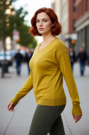 Kadın Düz Desen Regular Kalıp Triko V Yaka Kazak Uzun Kollu Ve Şık Düğme Detayları İle Kaliteli