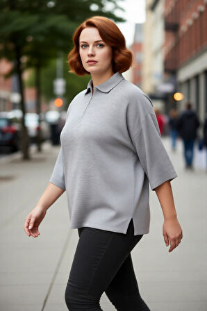 Kadın Büyük Beden Relaxed Kalıp Polo Yaka Fermuarlı Düşük Omuz Truvakar Kol Triko Kazak Kaliteli