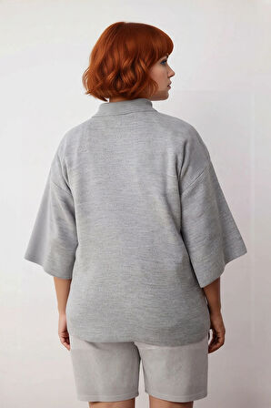 Kadın Büyük Beden Relaxed Kalıp Polo Yaka Fermuarlı Düşük Omuz Truvakar Kol Triko Kazak Kaliteli