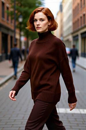 Kadın Düz Desen Akrilik Triko Kazak Relaxed Kalıp Dik Yaka Düşük Kol Kış İçin Konforlu Stil