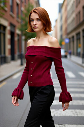 Kadın Fitted Bordo Akrilik Triko Kazak Omuzları Açık Uzun Kollu Fitilli Dokuma Gündüz Gece