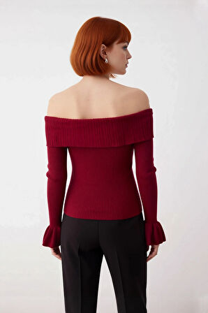 Kadın Fitted Bordo Akrilik Triko Kazak Omuzları Açık Uzun Kollu Fitilli Dokuma Gündüz Gece