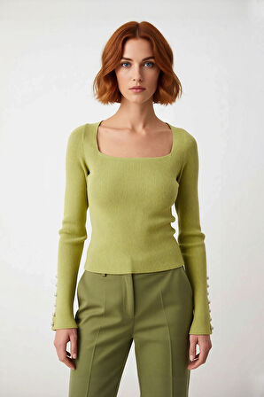 Kadın Fitted Kare Yaka Düğme Detaylı İspanyol Kol Fitilli Triko Kazak Yeni Sezon Şıklığı Kaliteli