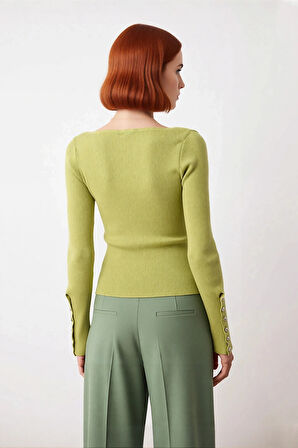 Kadın Fitted Kare Yaka Düğme Detaylı İspanyol Kol Fitilli Triko Kazak Yeni Sezon Şıklığı Kaliteli