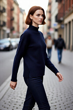 Kadın Oversize Dik Yaka Triko Kazak Yumuşak Dokusuyla Kış ve Sonbahar Kombinlerini Tamamlar