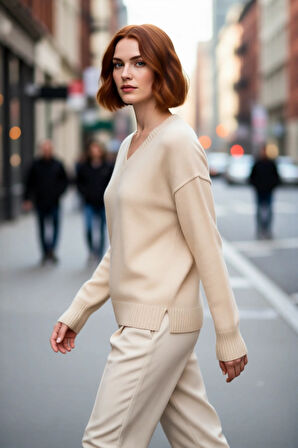 Kadınlar İçin Modern Oversize Kahverengi Triko Kazak V Yaka Düşük Kol Rahat Uzun Kalıp Şıklığı