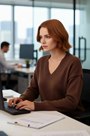 Kadınlar İçin Modern Oversize Kahverengi Triko Kazak V Yaka Düşük Kol Rahat Uzun Kalıp Şıklığı