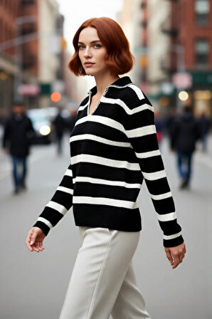 Kadın Uzun Kollu Rahat Kalıp Çizgili Triko Kazak Polo Yaka Detaylı Soğuk Günler İçin İdeal