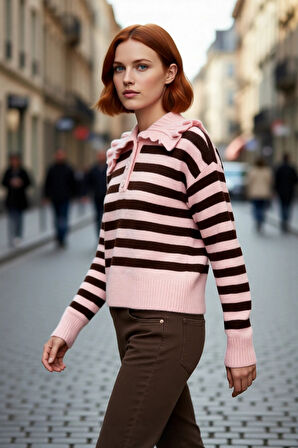 Kadın Orta Kalınlıkta Devrik Yaka Çizgili Düşük Kollu Triko Kışlık Crop Kazak Günlük Şıklık