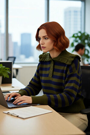 Kadın Orta Kalınlıkta Devrik Yaka Çizgili Düşük Kollu Triko Kışlık Crop Kazak Günlük Şıklık