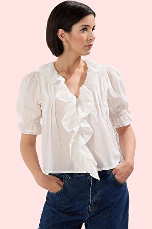 Kadın Pamuklu Gömlek V Yaka Fırfırlı Truvakar Kol Günlük Şıklık Yaz Aylarının Vazgeçilmezi