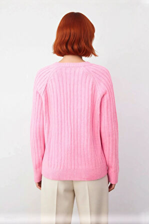 Kadın Uzun Boy Orta Kalınlık Fitilli Triko Kazak V Yaka Reglan Kol Soğuk Havalarda Ideal Seçim