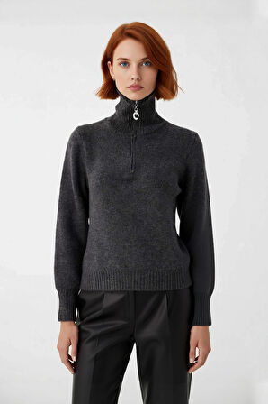 Kadın Konforlu Selanik Dokuma Fermuarlı Dik Yaka Triko Kazak Günlük Kış Stilinize Fark Katın