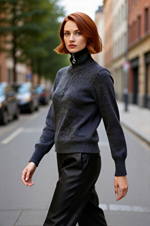 Kadın Konforlu Selanik Dokuma Fermuarlı Dik Yaka Triko Kazak Günlük Kış Stilinize Fark Katın