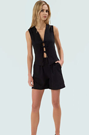 Yazlık Şort Bluz Takım; Keten Görünümlü Yüksek Bel Pamuklu Rahat Mükemmel Uyum