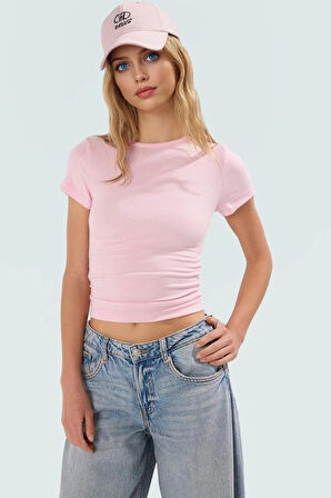 Viskoz Ribana Crop Bluz Büzgü Detaylı Fitted Kalıp Yazlık Uzun Ömürlü Premium Kalite