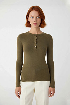 Kadın Fitted Basic Merserize Gorunumlu Dugmeli Fitilli Triko Ust Ilkbahar Sonbahar Sikligi