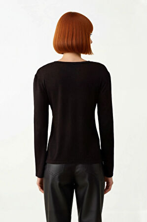 Kadın V Yaka Siyah Triko Kazak Casual Günlük Şıklığı Tamamlayan Orta Kalınlıkta Rahat Kesim