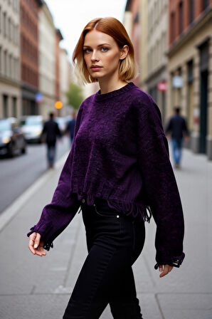 Kadın Casual Crop Oversize Bisiklet Yaka Triko Kazak Düşük Kol Akıtma Detaylı Konforlu Şık