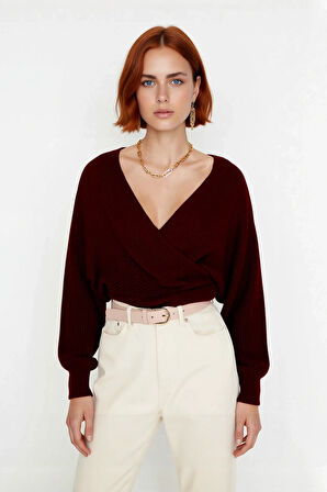 Kadın Basic Düz Desen Yarasa Kol Uzun Kollu Orta Kalınlık Akrilik Süper Crop Triko Kazak Kaliteli