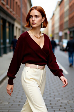 Kadın Basic Düz Desen Yarasa Kol Uzun Kollu Orta Kalınlık Akrilik Süper Crop Triko Kazak Kaliteli