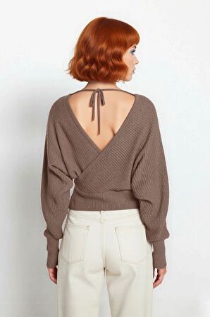 Kadın Basic Düz Desen Yarasa Kol Uzun Kollu Orta Kalınlık Akrilik Süper Crop Triko Kazak Kaliteli