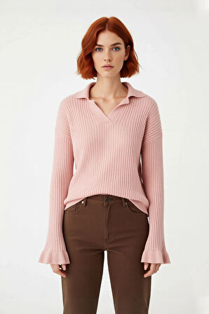 Kadın Regular Kalıp Apaş Yaka Düz Desen Volanlı Kol Triko Kazak Kışlık Zarif Kombinler Kaliteli